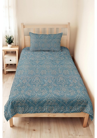 Mavi Damask Klasik Tek Kişilik Pike Takımı - Bej Avangart Motifli 160x220 Cm Mevsimlik Yatak Örtüsü Mat Vadi Dönüşü