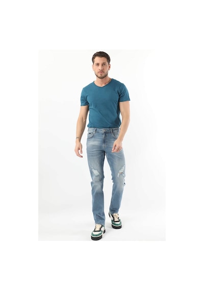 Erkek Dizi Yırtık Regular Fit Jean Pantolon Mavi 001