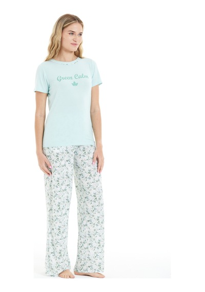 Lılac Kadın Çiçek Desenli %100 Viscon Pijama Takımı Mint Mint
