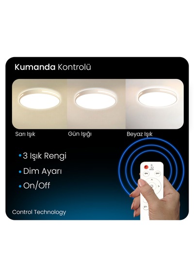 Beyaz Şeritli Kumandalı Dimli 3 Işık Renkli 50cm Yuvarlak Tavan L 3 Renk Kumandalı
