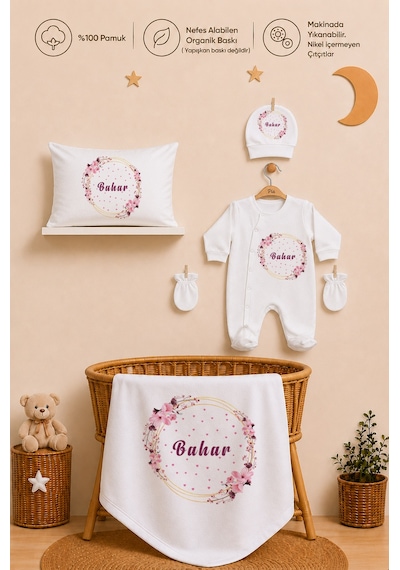 Pia Baby Kız Bebek %100 Pamuk İsme Özel Hastane Çıkışı Tulum Seti Yastık Kılıfı Battaniyeli 2023tyb0x Ekru