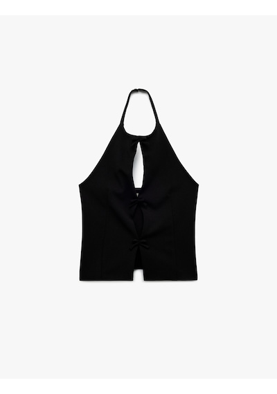 Koton Krep Scuba Kumaş Pencere Detaylı Fiyonklu Halter Yaka Bluz Siyah 5sak10531ek Siyah