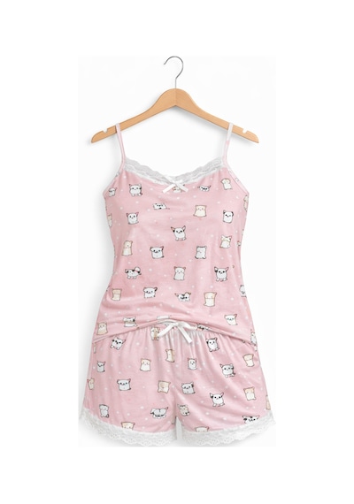 Belpa Sıla Sella Bamboo Kadın Şortlu Pijama Takımı Askılı Dantel Detaylı Pembe