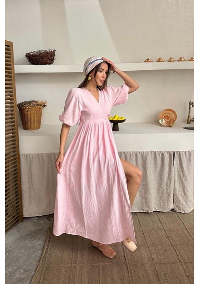 Hazego Pembe Müslin Uzun Elbise Pembe