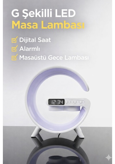 G Şekilli Led Masa Lambası Dijital Saatli Alarm Özellikli Dokunmatik Kontrol Beyaz
