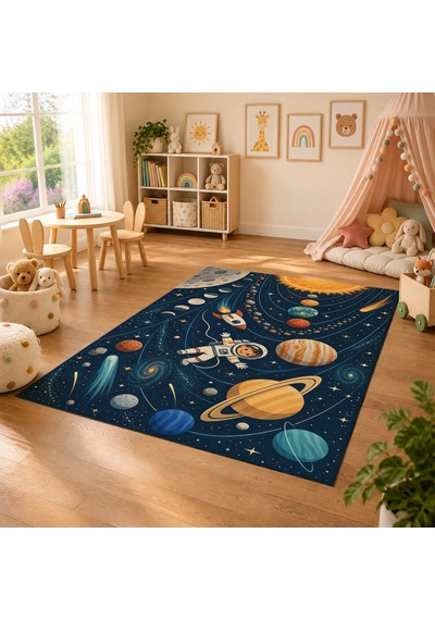 Kartela Halı Uzay Kaşifi Çocuk Oyun Halısı Kaymaz Dot Taban Yıkanabilir 120 X 180 Cm Çok Renkli