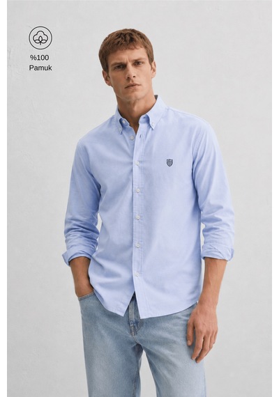 UCLA Tyson Mavi Nakışlı %100 Pamuk Poplin Standard Fit Erkek Gömlek