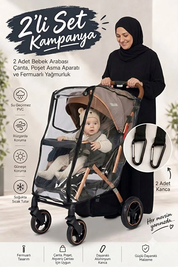 Lüks Fermuarlı Bebek Arabası Yağmurluğu 2 Adet Bebek Arabası Kancası 2 Ürün Bir Arada . Şeffaf