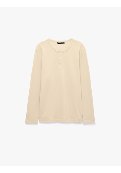 Koton Pamuklu Uzun Kollu Pike Kumaş Düğmeli Henley Yaka Sweatshirt Bej 7wam70072mk Ekru