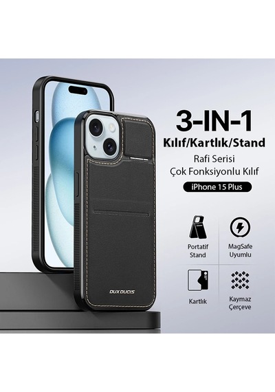 Hepsi Dux Ducis iPhone Uyumlu 15 Plus Rafi Series Magsafe Premium Deri Kılıf- 5775 Najmaddin Siyah