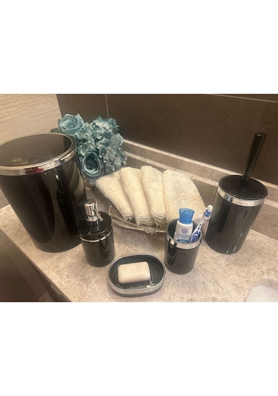 Makri Home Banyo Seti 5'li, Yuvarlak, Akrilik-çöp Kovası, Wc Fırçalık, Sıvı Sabunluk, Diş Fırçalık, El Sabunluk Siyah
