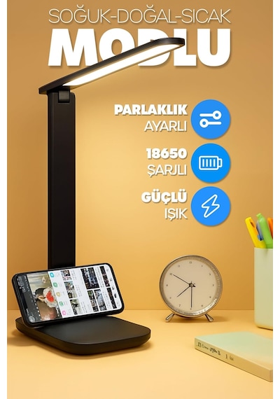 Şarjlı Masa Lambası 3 Renk Dokunmatik Telefon Standlı Kademeli Çalışma Okuma Işığı Lambası 9w Siyah Genel