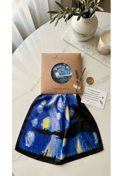 Moda Nuda Van Gogh Yıldızlı Gece İpek Fular Mavi - %100 Bursa İpeği