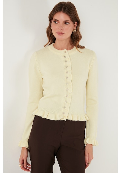 Lela Premium Pile Detaylı Regular Fit Yuvarlak Yaka Triko Bayan Hırka 680Hi00038 Sarı