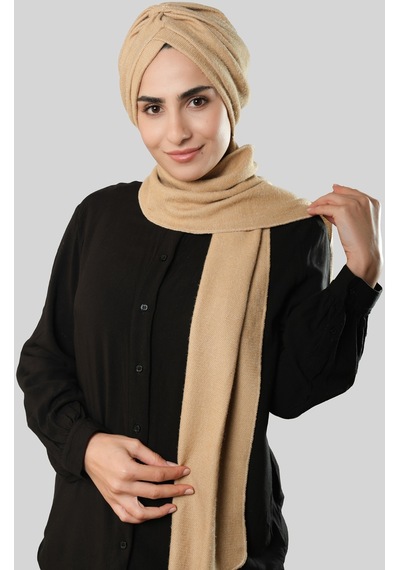 Hürrem Bone Bej Kışlık Kendinden Atkılı Peluş Tesettür Bone Jakar Düz 2329 12 Bej