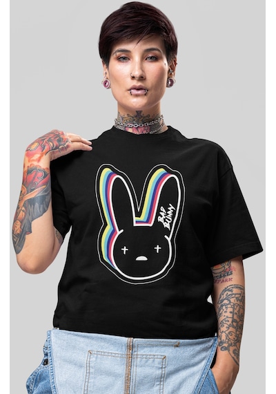 Sevbano Bad Bunny Rapper Şarkıcı Baskılı Unisex Oversize Tişört Siyah