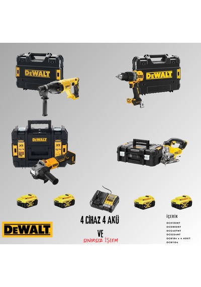 Dewalt DCH133NT + DCD805NT + DCG407NT + DCS334NT 4 Adet 5 Amper Akü + Şarj Aleti Set