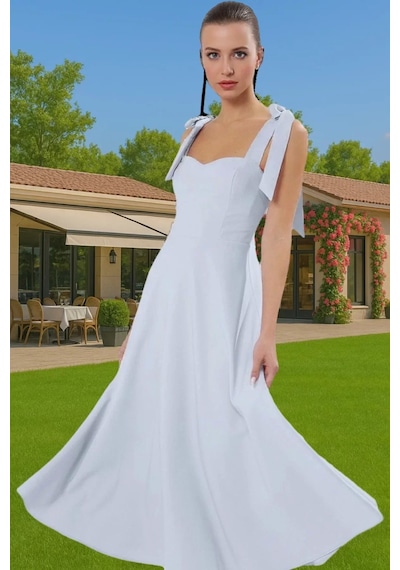 Ersefa Feminen A Kesim Midi Abiye Elbise Polyester Elastan Dokuma Kumaşt Açık Mavi