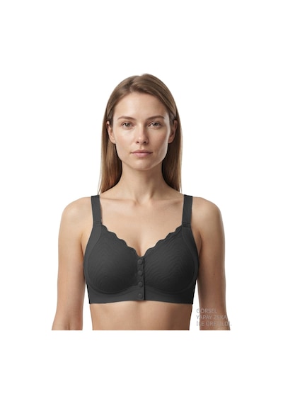 Cottonill Seamless Bra - Larevia Siyah Lazer Kesim Önden Düğmeli Tül Detaylı Kadın Sütyen