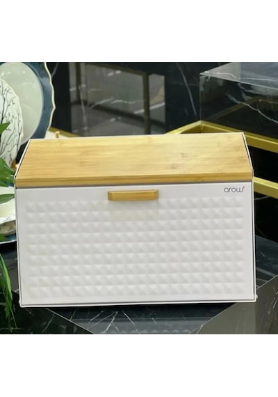 Alessa Ekmek Kutusu Ekmek Dolabı Bambu Kapaklı Metal Ekmeklik Beyaz-4282