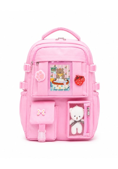 Quovo Kawaii Bag Club Kore Tarzı Full Aksesuarlı Ortopedik Günlük Yeni Okul Sırt Çantası Pembe