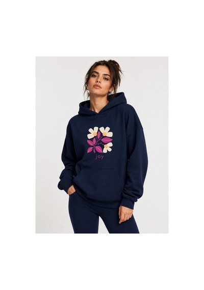 Herkesemoda Joy Çiçek Baskılı Kapüşonlu 2 İplik Şardonlu Sweatshirt Lacivert