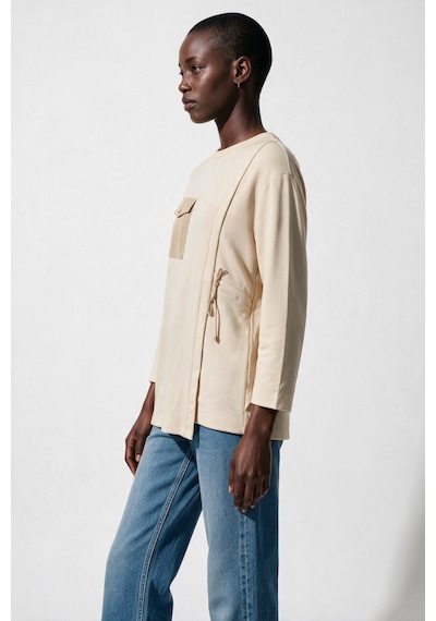 Scl Kadın Bisiklet Yaka Cepli Asimetrik Tasarım Uzun Kollu Sweatshirt Bej
