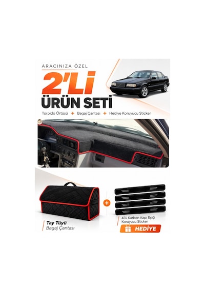 Volvo 850 1991-1997 Uyumlu Torpido Örtüsü + Tay Tüyü Bagaj Çantası + Sticker Seti - Siyah Kırmızı