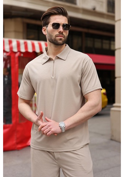 Bej Polo Yaka T-shirt Şort Takım E7363