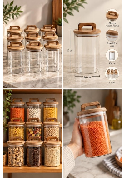 Atbyhome 9'lu Kulplu Akasya Kapaklı Borosilikat Cam Kavanoz Seti 900 Ml - Vakumlu Erzak Bakliyat Kabı Ahşap - Şeffaf