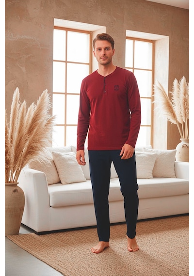 Kompedan Erkek Uzun Kollu 4 Mevsim Penye Süprem Önü Patlı Pijama Takımı Bordo 800 Bordo