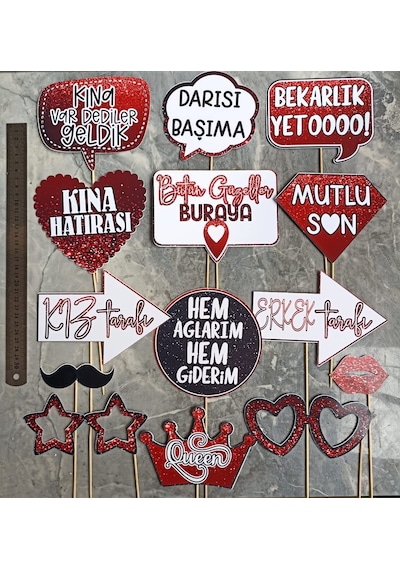 Kına Konuşma Balonu Seti Kırmızı Işıltılı Görünüm Kına Gecesi Gelir Bride Selfie 14'lü Büyük Boy