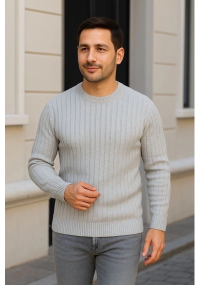 Erkek Bisiklet Yuvarlak Yaka Triko Kazak Pamuklu Kalın Fitilli Dokuma, Regular Fit Uzun Kollu Kışlık Gri