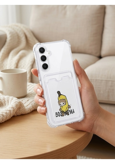 Samsung Galaxy Uyumlu - S24 Fe Boş Yapma Muz Detaylı Kart Bölmeli Şeffaf Telefon Kılıfı Çok Renkli