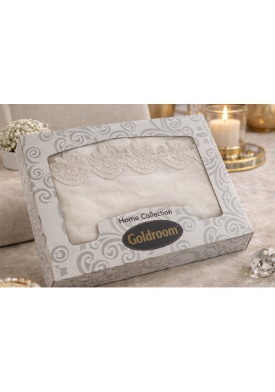 Goldroom Home Fransız Dantelli Linen Kumaştan 160 220 Lüks Masa Örtüsü Krem