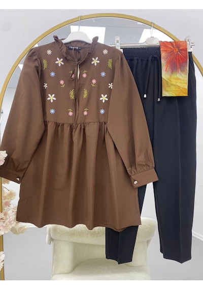 Lovie Moda Kadın Çiçek İşlemeli Takım - Kahverengi Beyaz