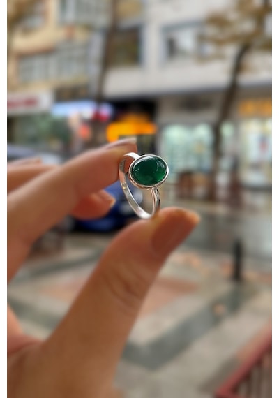 Gümüş 10x8 Mm Yeşil Akik Taşlı Yüzük Diğer