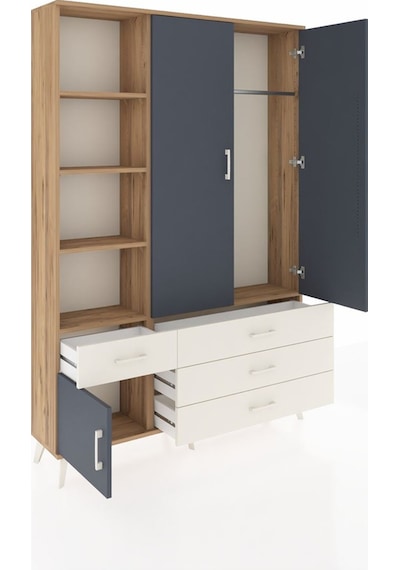 Arges Dolap 5 Raflı 4 Çekmeceli Tek Askılı 132x30x195 Çam-ant... Çam