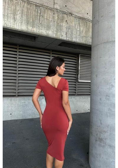 Lior Design Kadın Günlük Sandy Kumaş Balık Kesim Midi Abiye Elbise Kiremit