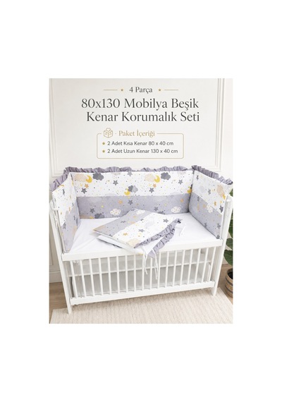80x130 Mobilya Beşik Korumalık Seti - 4 Parça Rüya Serisi Gri Fırfırlı