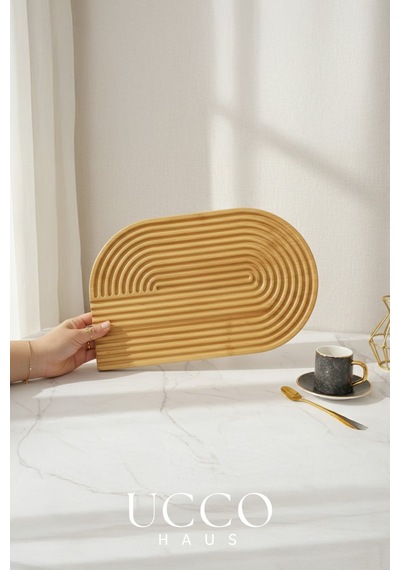 Doğal Bambu Sunumluk - 33x20x1,3cm Kahve, Tatlı, Peynir Oval Oluklu Servis Tabağı Tepsi Krem