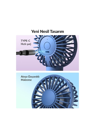 Warmco K31 Su Püskürtmeli Şarjlı El Vantilatörü Taşınabilir Masaüstü Standlı 3 Kademeli Serinletici Mini Soğutucu Fan Lacivert