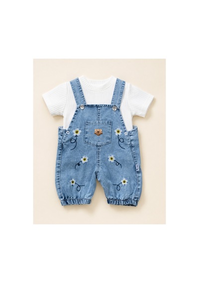 The Two Kız Bebek Papatya Nakışlı Denim Salopet Ve Pamuklu Tişört 2'li Takım 9-18 Ay Çok Renkli