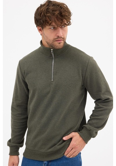 Mmetalic Erkek Haki Standart Fit Normal Kesim Pamuklu Yarım Fermuarlı Dik Yaka Pamuklu Sweatshirt Haki