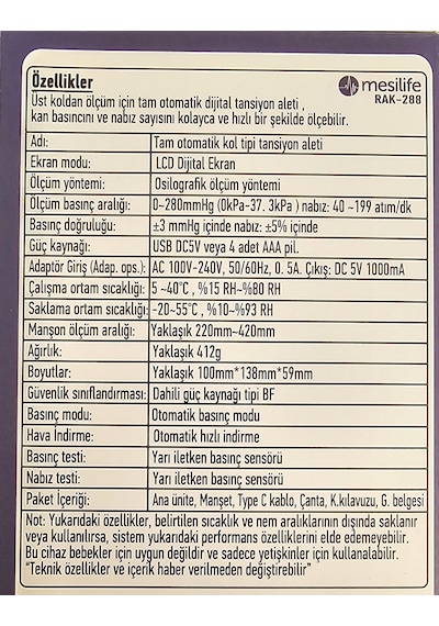Mesilife RAK-288 Türkçe Konuşan Otomatik Tansiyon Aleti