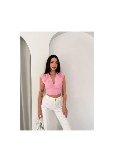 Butik İstanbul Vatkalı Kolsuz V Yaka Drapeli Crop Bluz Likralı Fit - Pembe