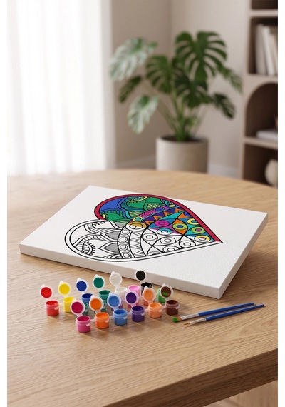 Etnik Kalp Desenli Mandala Ahşap Boyama Seti 40x50 Cm