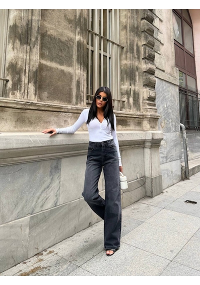 Zdn Jeans Yüksek Bel Antrasit Wide Leg Jean
