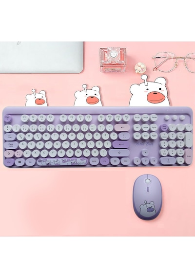 Mofii Ayıcık Desenli Kablosuz Renkli Yuvarlak Tuşlu Klavye Mouse Set-al4258 Pembe Diğer