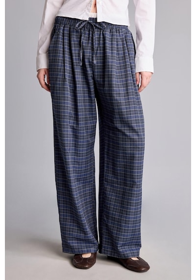 Defacto Ekose Desenli Bağcıklı Beli Lastikli Wide Leg Pantolon I2064ax26aunv241 Lacivert-nv241